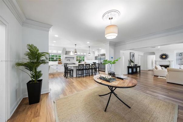 Dining room, Fireplace, Interior, Kitchen, Living room, Pendant Lights, Recessed Lighting, Wood Texture Flooring