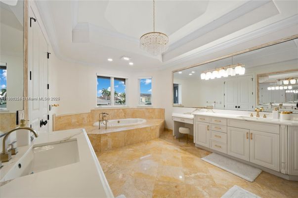 Bathroom, Chandelier, Dual Sink Vanities, Interior, Recessed Lighting