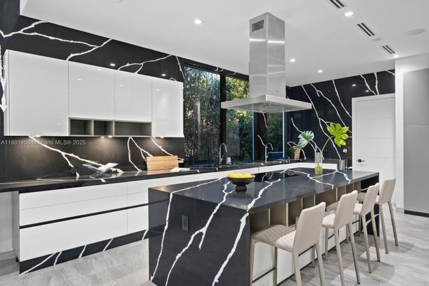 Interior, Kitchen, Marble Walls, Recessed Lighting, Stainless Steel Appliances