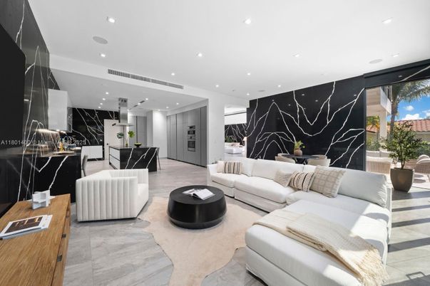 Interior, Kitchen, Living room, Marble Walls, Pendant Lights, Recessed Lighting, Wood Texture Flooring