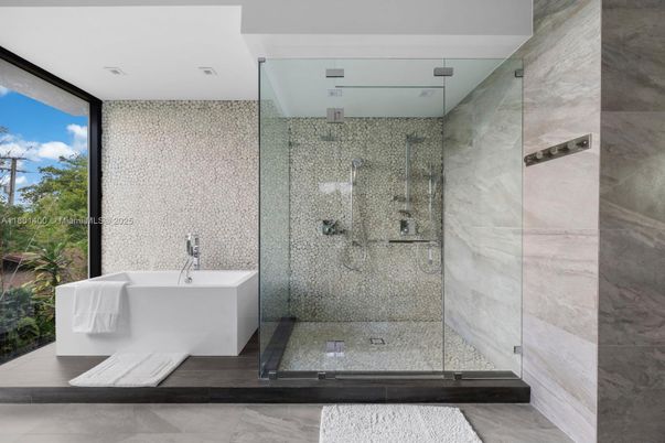Bathroom, Free Standing Baths, Glass Shower, Interior, Marble Walls, Recessed Lighting