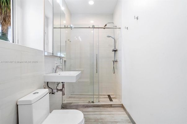 Bathroom, Glass Shower, Interior, Recessed Lighting, Wood Texture Flooring