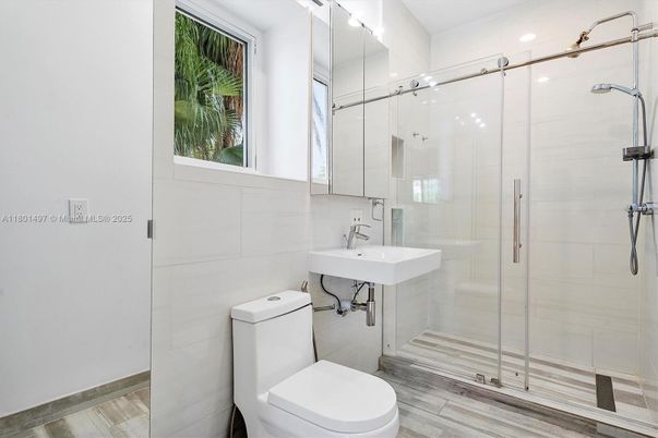 Bathroom, Glass Shower, Interior, Wood Texture Flooring