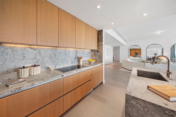 Interior, Kitchen, Living room, Marble Walls, Recessed Lighting, Wood Texture Flooring