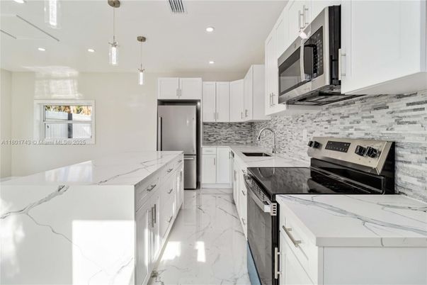 Interior, Kitchen, Marble, Pendant Lights, Recessed Lighting, Stainless Steel Appliances