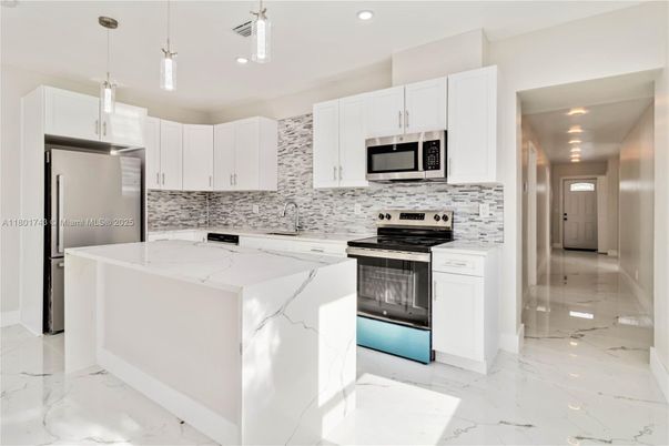 Interior, Kitchen, Marble, Pendant Lights, Recessed Lighting, Stainless Steel Appliances