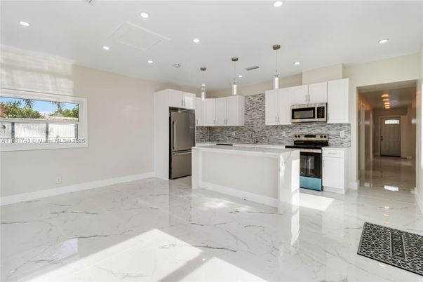 Interior, Kitchen, Marble, Pendant Lights, Recessed Lighting, Stainless Steel Appliances