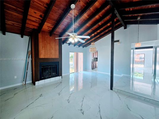 Empty room, Fireplace, Interior, Marble, Pendant Lights, Wooden Beams, Wooden Ceilings