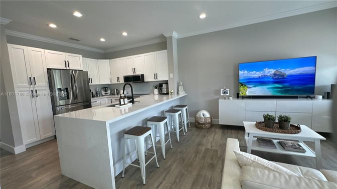 Interior, Kitchen, Recessed Lighting, Stainless Steel Appliances, Wood Texture Flooring