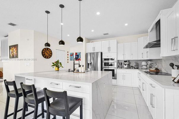 Interior, Kitchen, Marble, Pendant Lights, Recessed Lighting, Stainless Steel Appliances