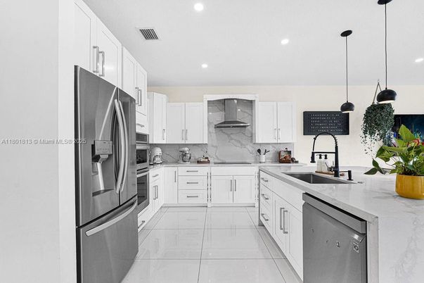 Interior, Kitchen, Marble, Pendant Lights, Recessed Lighting, Stainless Steel Appliances