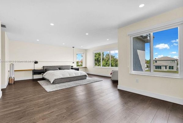 Bedroom, Interior, Pendant Lights, Recessed Lighting, Wood Texture Flooring
