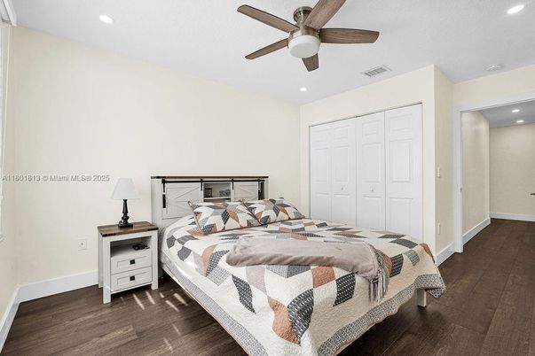 Bedroom, Interior, Recessed Lighting, Wood Texture Flooring