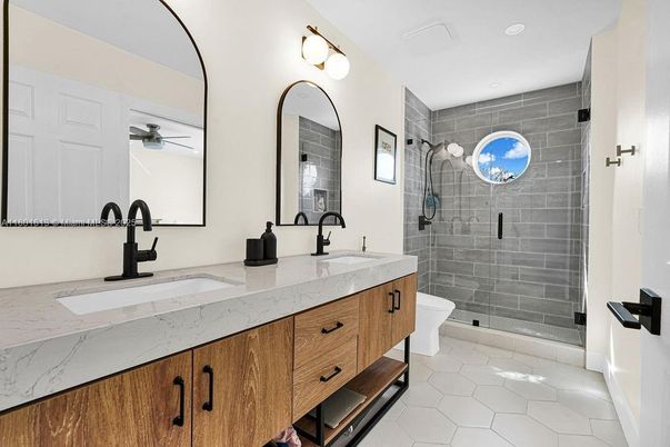 Bathroom, Dual Sink Vanities, Glass Shower, Interior, Recessed Lighting