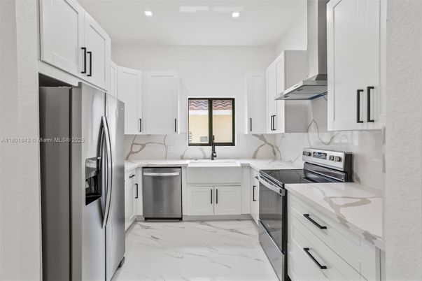 Interior, Kitchen, Marble, Recessed Lighting, Stainless Steel Appliances