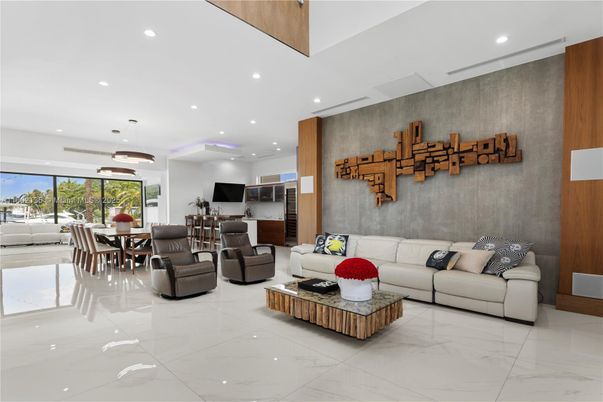 Dining room, Interior, Living room, Marble, Pendant Lights, Recessed Lighting, Wooden Walls