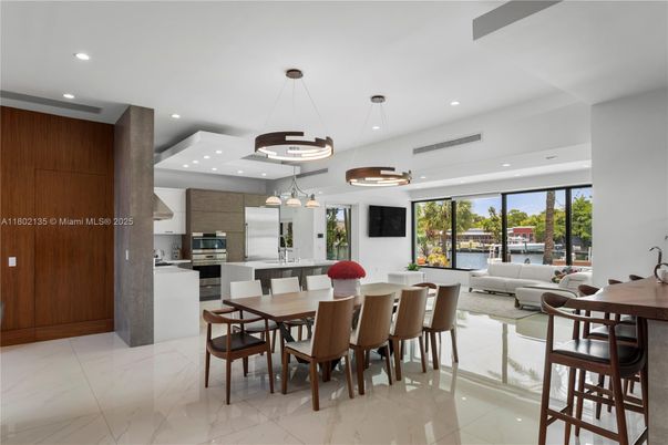 Dining room, Interior, Kitchen, Living room, Marble, Pendant Lights, Recessed Lighting, Stainless Steel Appliances