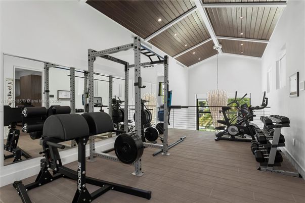 Fitness Equipment, Interior, Pendant Lights, Recessed Lighting, Wooden Ceilings, Wood Texture Flooring