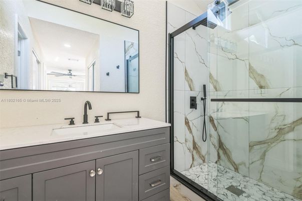 Bathroom, Glass Shower, Interior, Marble Walls, Recessed Lighting