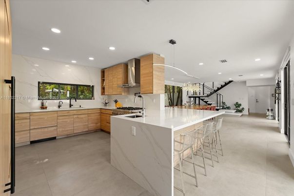 Interior, Kitchen, Marble Walls, Pendant Lights, Recessed Lighting