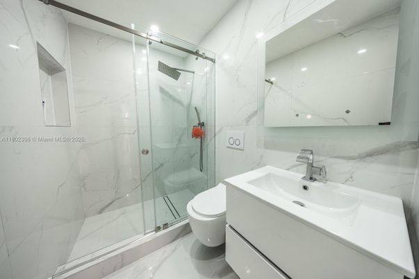 Bathroom, Glass Shower, Interior, Marble, Marble Walls, Recessed Lighting