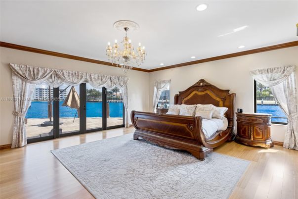 Bedroom, Chandelier, Interior, Recessed Lighting, Water, Wood Texture Flooring