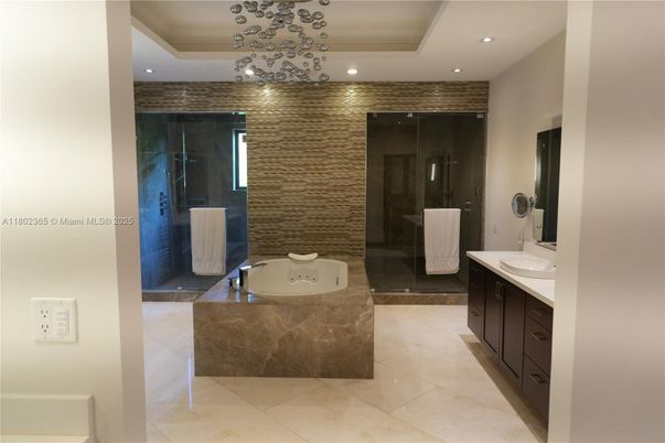 Bathroom, Dual Sink Vanities, Glass Shower, Interior, Pendant Lights, Recessed Lighting