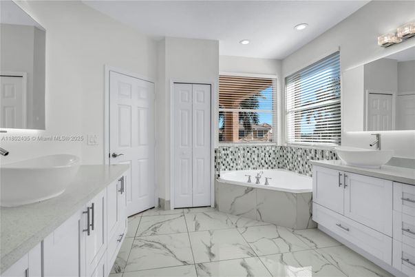 Bathroom, Dual Sink Vanities, Interior, Marble, Recessed Lighting
