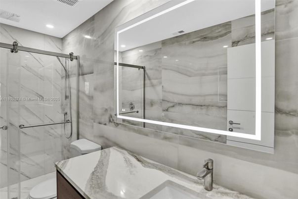Bathroom, Glass Shower, Interior, Marble Walls, Recessed Lighting