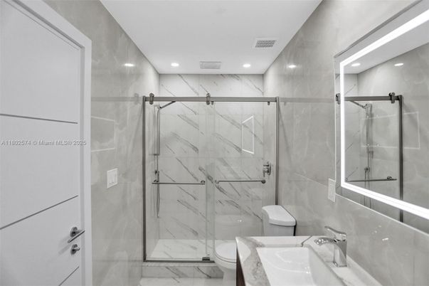Bathroom, Glass Shower, Interior, Marble, Marble Walls, Recessed Lighting