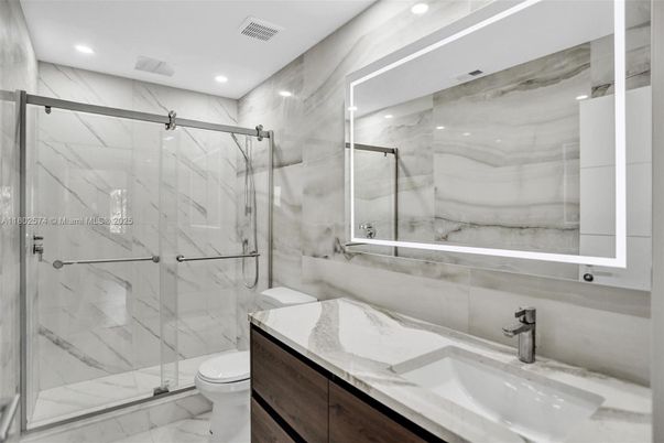 Bathroom, Glass Shower, Interior, Marble, Marble Walls, Recessed Lighting
