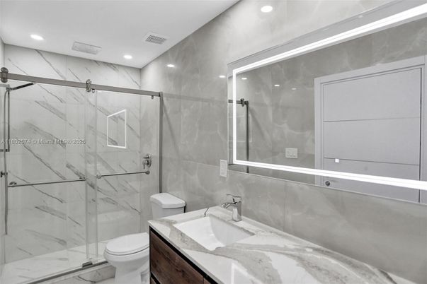 Bathroom, Glass Shower, Interior, Marble Walls, Recessed Lighting