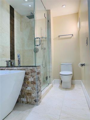 Bathroom, Free Standing Baths, Glass Shower, Interior, Marble, Recessed Lighting