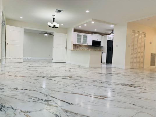 Chandelier, Empty room, Interior, Kitchen, Marble, Recessed Lighting