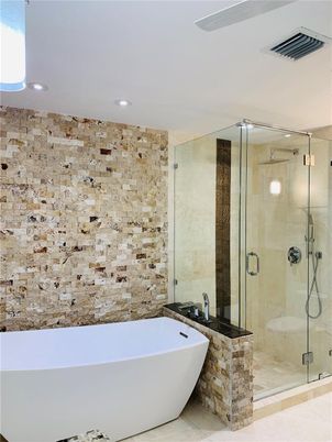 Bathroom, Free Standing Baths, Glass Shower, Interior, Recessed Lighting