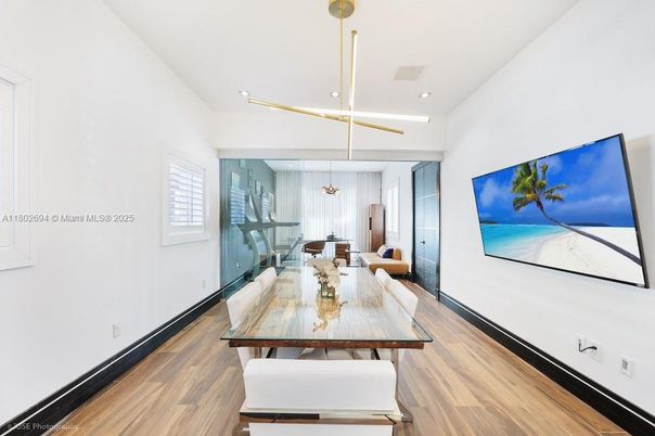 Dining room, Interior, Pendant Lights, Recessed Lighting, Wood Texture Flooring