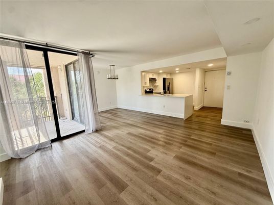 Empty room, Interior, Kitchen, Recessed Lighting, Wood Texture Flooring