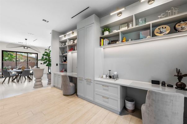 Home Office, Interior, Pendant Lights, Wood Texture Flooring