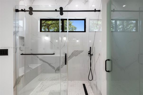 Bathroom, Glass Shower, Interior, Marble Walls, Recessed Lighting
