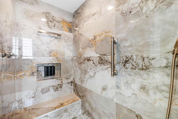 Bathroom, Glass Shower, Interior, Marble Walls, Recessed Lighting