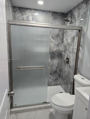 Bathroom, Glass Shower, Interior, Marble, Marble Walls, Recessed Lighting