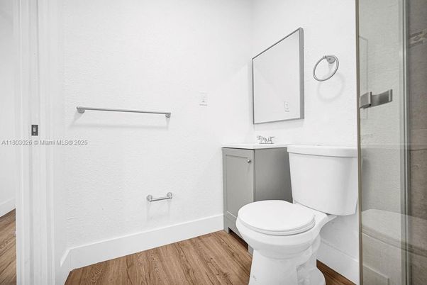 Bathroom, Glass Shower, Interior, Wood Texture Flooring
