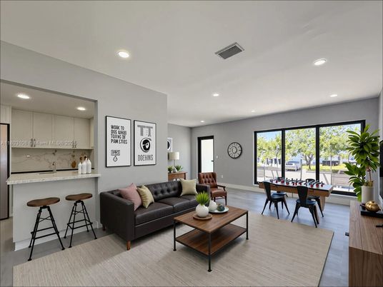 Dining room, Interior, Kitchen, Living room, Recessed Lighting, Wood Texture Flooring