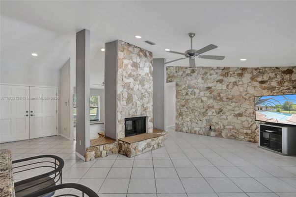 Fireplace, Interior, Recessed Lighting, Stone Walls