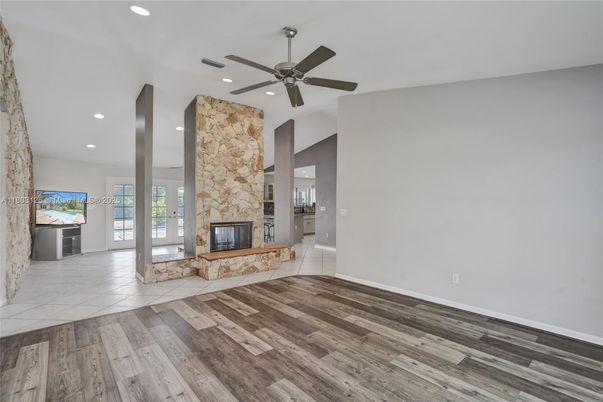 Empty room, Fireplace, Interior, Recessed Lighting, Wood Texture Flooring