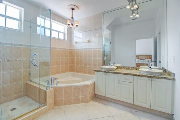 Bathroom, Dual Sink Vanities, Glass Shower, Interior, Pendant Lights