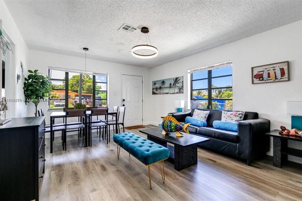Dining room, Interior, Living room, Pendant Lights, Wood Texture Flooring