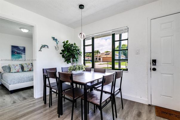 Dining room, Interior, Pendant Lights, Wood Texture Flooring