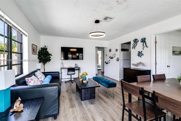 Dining room, Interior, Living room, Pendant Lights, Wood Texture Flooring
