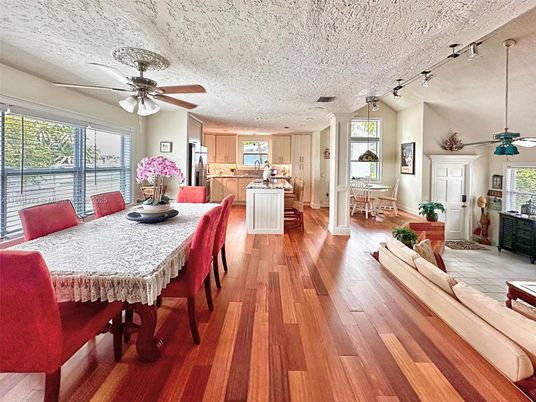 Dining room, Interior, Kitchen, Pendant Lights, Wood Texture Flooring
